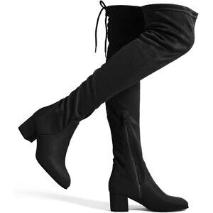 Women's Black Faux Leather Over The Knee Thigh High Chunky Heel Long Boots